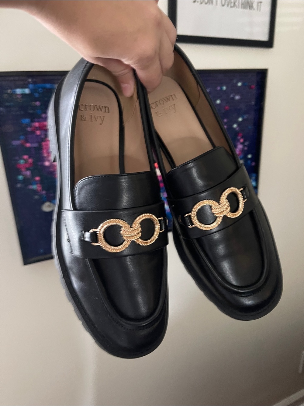 crown & ivy Black Leather Loafers with Gold Interlock Accent